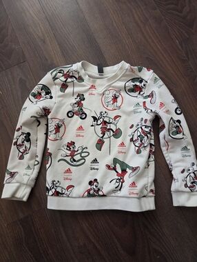 adidas Cream Crewneck with Red & Green Disney Graphics, UK Size 5 To 6 Years.